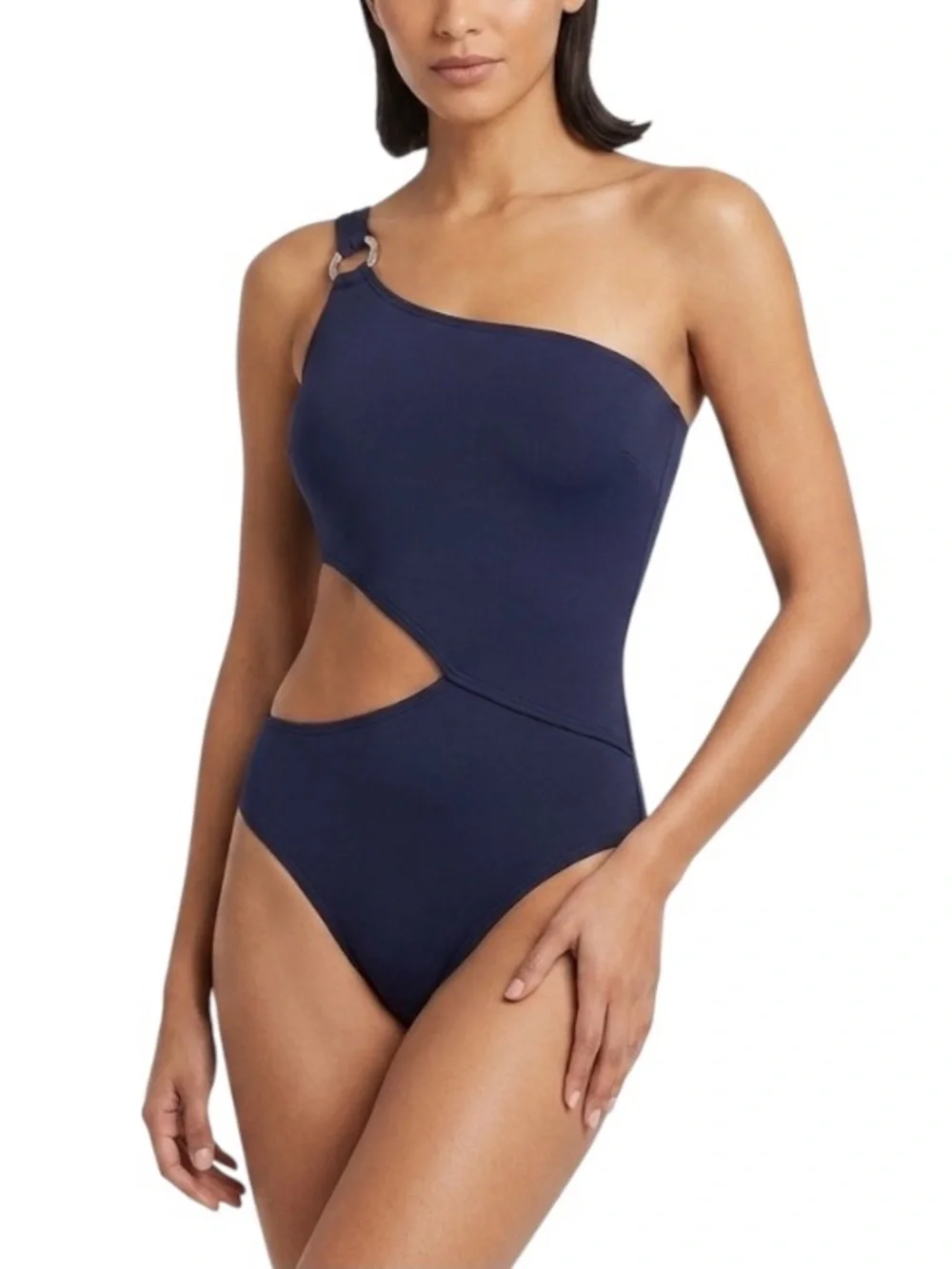 NEW Michael Kors One Shoulder O-Ring Blue Cut-Out One Piece Swimsuit, Size 10